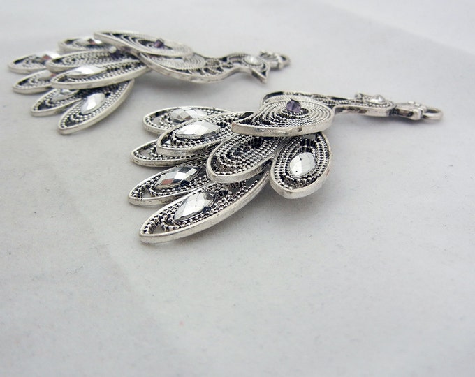 Pair of Filigree Peacock Charms Rhinestone Eye Antique Silver-tone