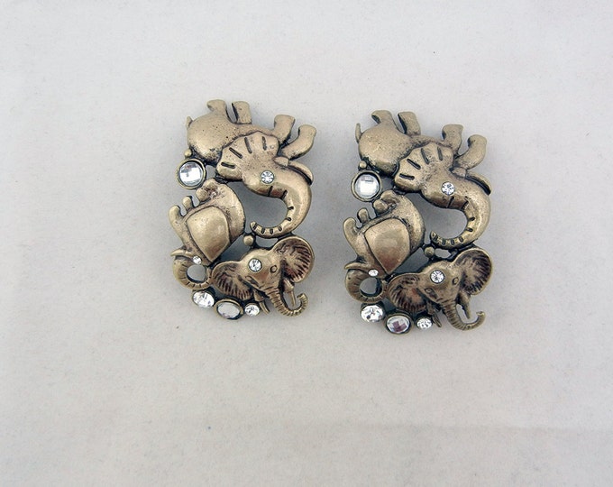 Set of 2 Antique Gold-tone Elephant Slide Charms Rhinestones