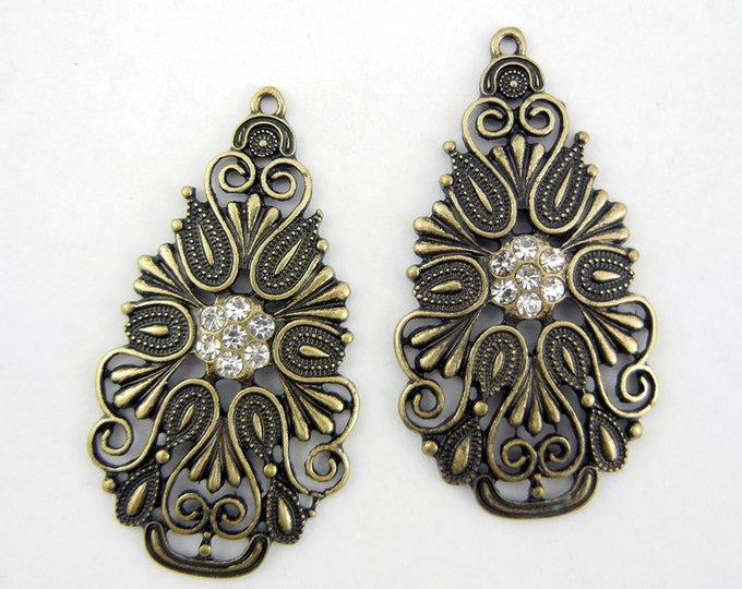 Pair of Burnished Gold-tone Teardrop Charms Rhinestones