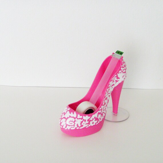 Pink Stiletto Shoe Tape Dispenser / Hand Painted White Floral