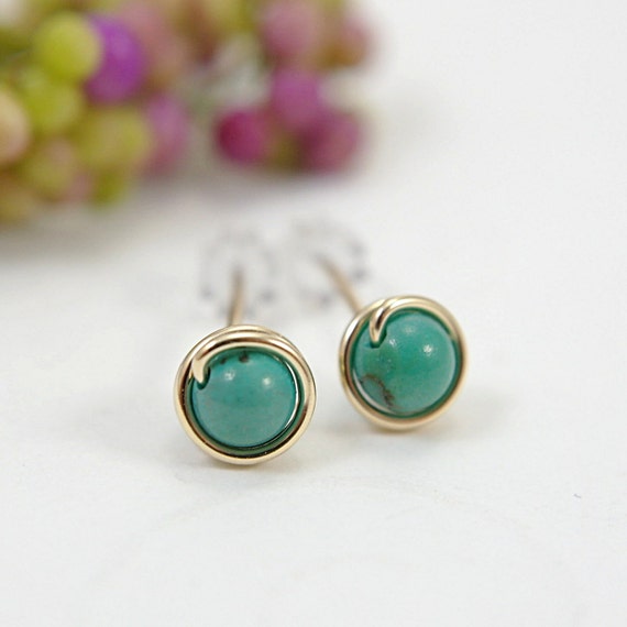 Tiny turquoise post earrings 14k gold filled wire wrapped stud