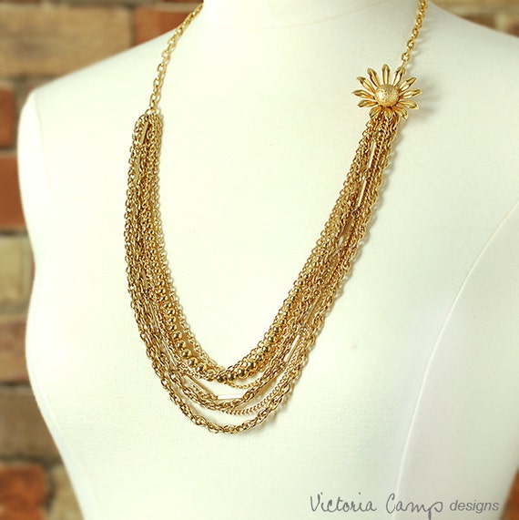 Long Layered Gold Chain Necklace Gold Flower Dramatic Multi