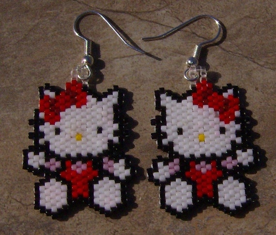 Hello Kitty Earrings Hand Made Seed Beaded by wolflady on Etsy