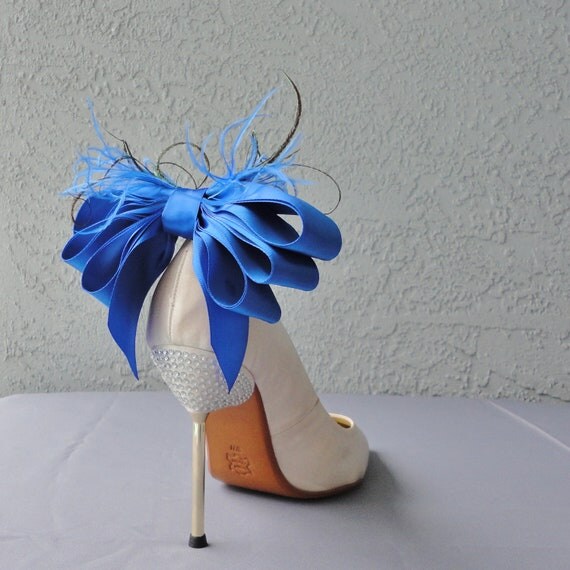 Royal Blue Bridal Shoe Clips Satin Ribbon Bow And Feather Etsy