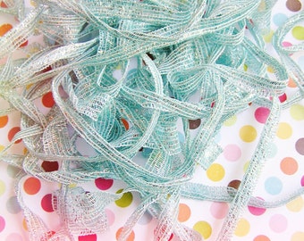Aqua blue Pinstriped Tinsel shimmer ribbon woven trim - sparkle, embellishment craft wrap wedding supply - 5 yards