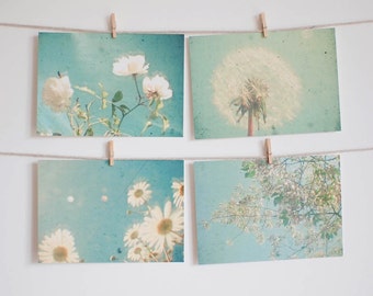 Postcard Set, Flower Photography, Nature Photo, Pastel Blue and White, Daisy Art, White Rose, Affordable Art - Garden