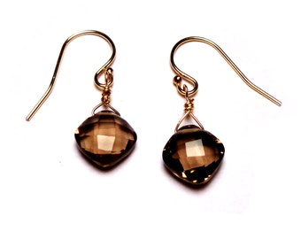 SMOKY PILLOWS Brown Smoky Quartz Briolette Gold 1 inch Dangle Earrings E215b