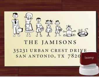 Stick Family Custom Rubber Stamp - SELF INKING Return Address Family Figures Stamper - Style 5010B