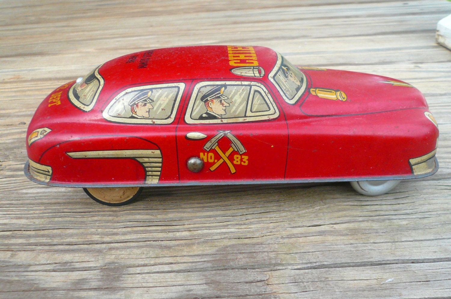 Vintage Toy Fire Chief Tin Litho Car Rare by VintageReinvented