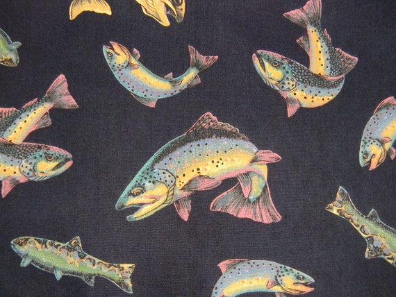 Rainbow Trout Fish Cotton Fabric in Black 1 Yard 4 Inches