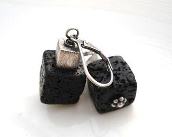 Black Lava Cube Earrings, Lava Earrings,Lava Rock Earrings, Sterling Silver Earrings