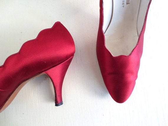 red satin high heel shoes