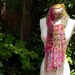 edens garden. wearable fiber art hand knit scarf . magenta fuchsia hot pink chartreuse olive green . womens fashion knitwear accessories
