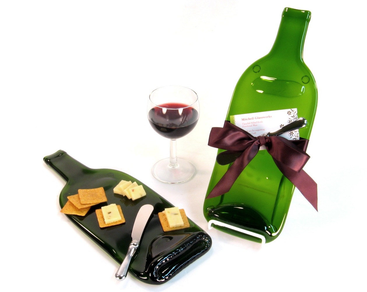 Melted Wine Bottle Cheese Plate with Plum Ribbon Christmas