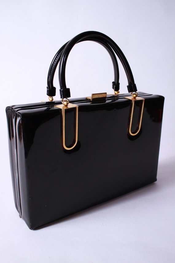 Vintage 1950s Black Patent Leather Handbag Attache by FabGabs