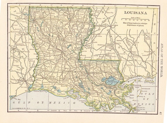 1909 State Map Louisiana Vintage Antique Map Great for