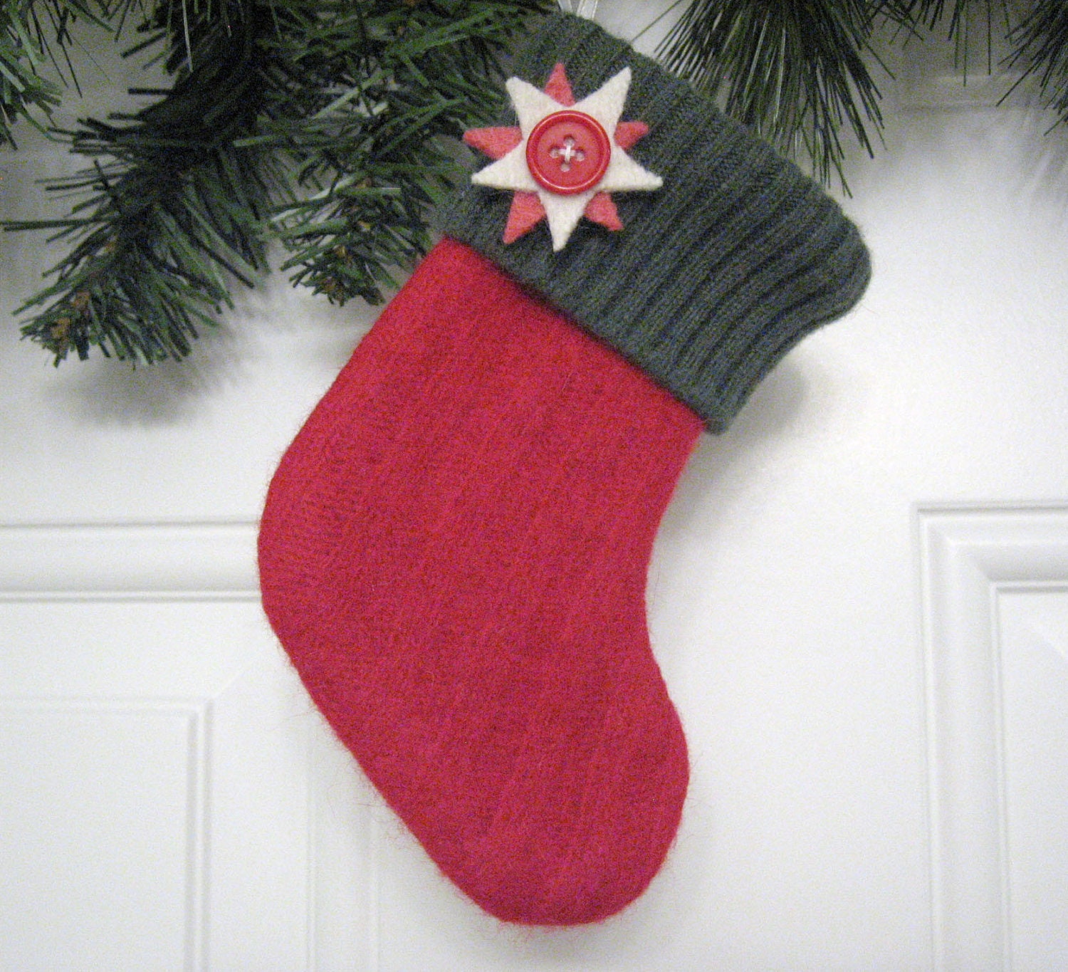Red Felted Wool Handmade Mini Christmas Stocking Tree Ornament