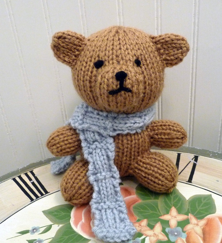 Hand Knitted Stuffed Brown Teddy Bear wearing a Blue Scarf