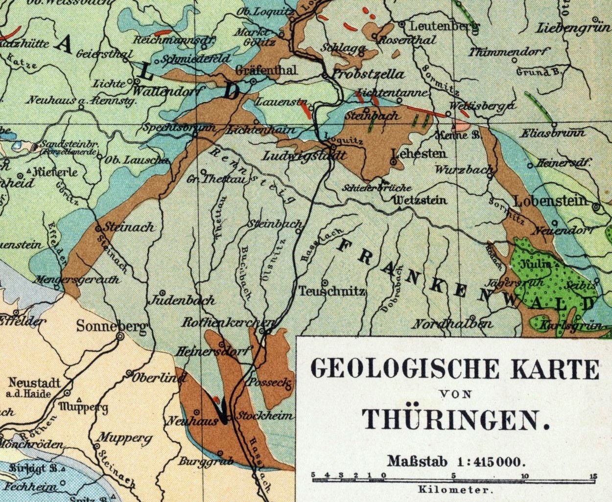 1895 German Antique Geological Map of Thuringia by bananastrudel