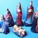 Vintage Christmas Nativity Scene Figures Mary Baby Jesus Wise Men Creche Manger Scene Chalk Plaster 6 pcs Lot Hand Painted 50s Blue Red