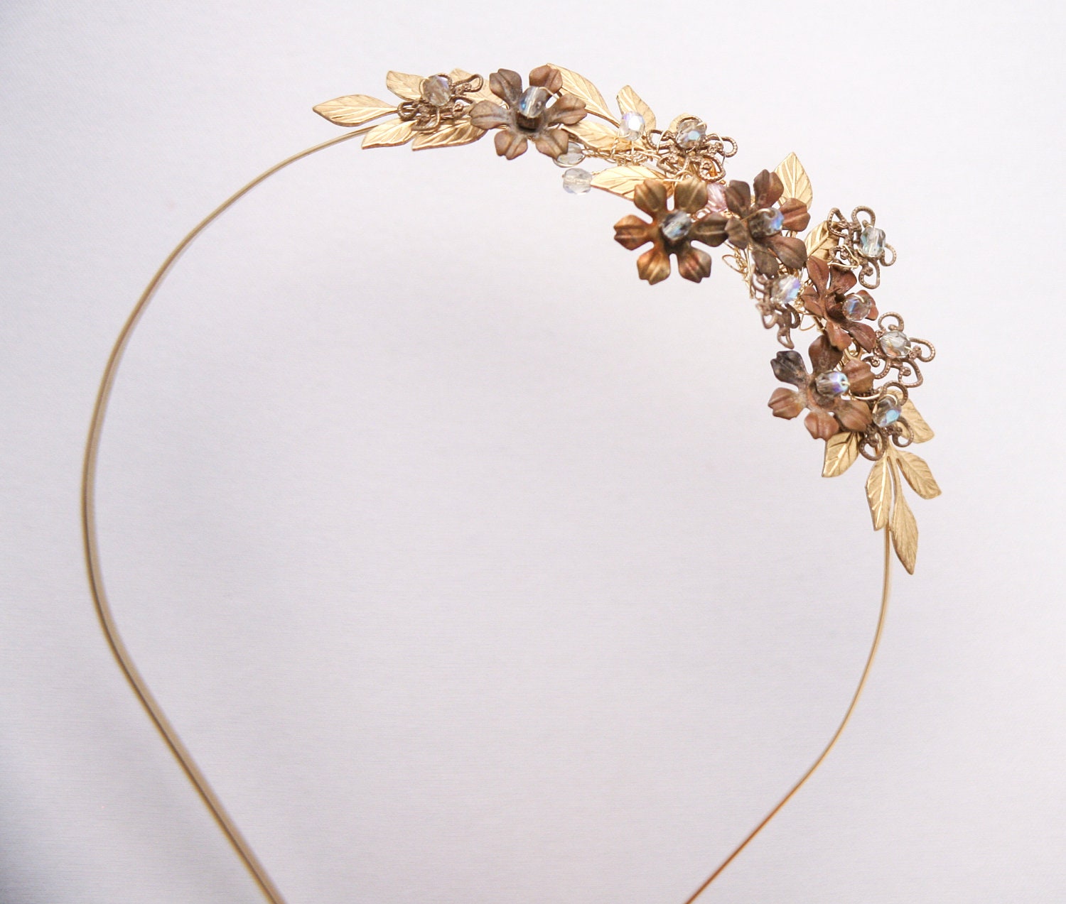 Golden wedding tiara gold leaves and vintage brass flower