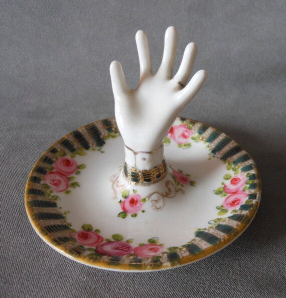 Antique Nippon or Noritake Porcelain Hand Ring Holder w/Roses