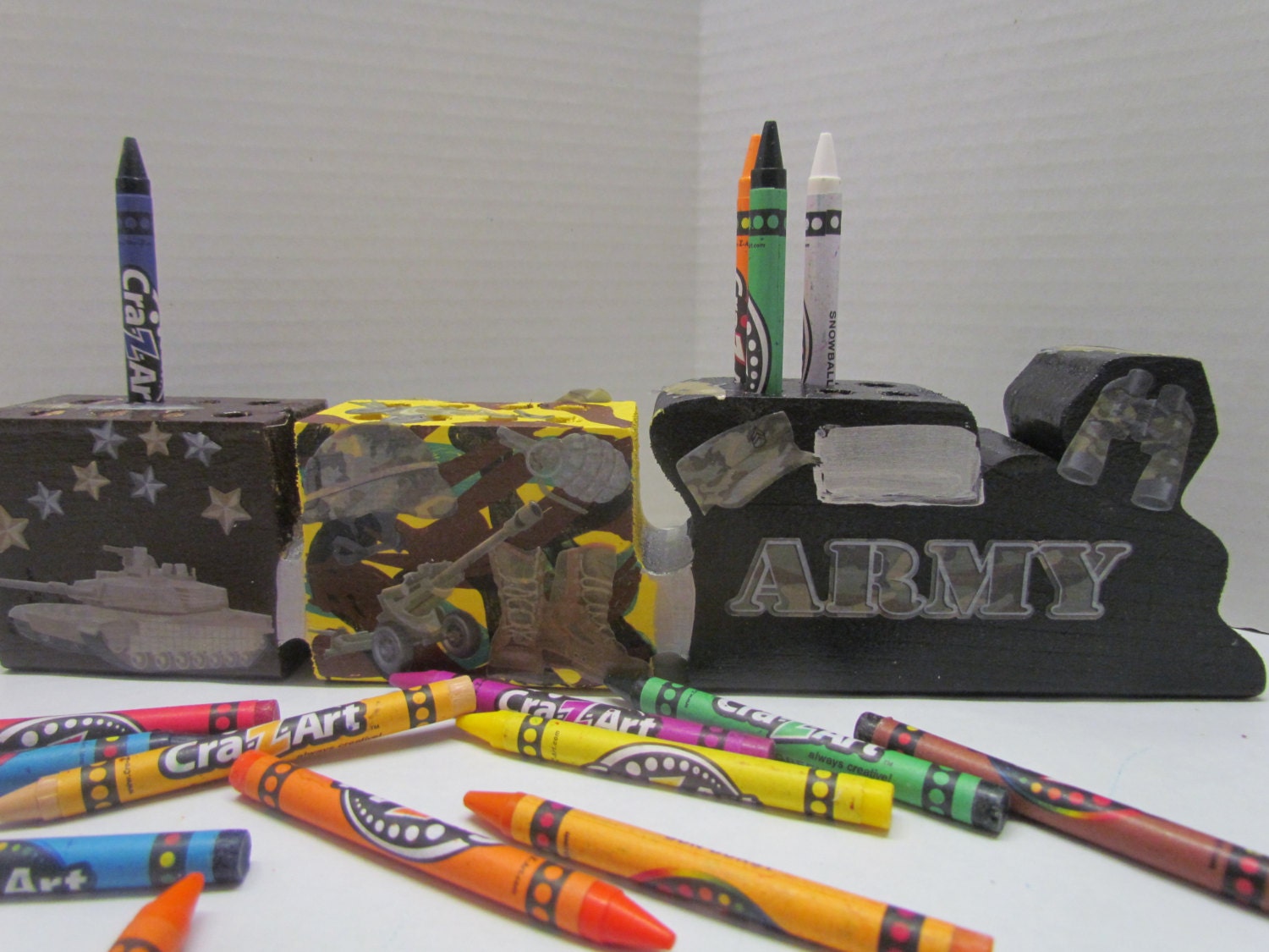 Wooden Army Crayon Train Holder with CrayonsMilitary Crayon