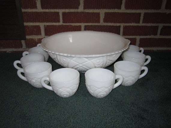 Vintage Milk Glass Punch Bowl Set with 10 Cups by funoldstuff