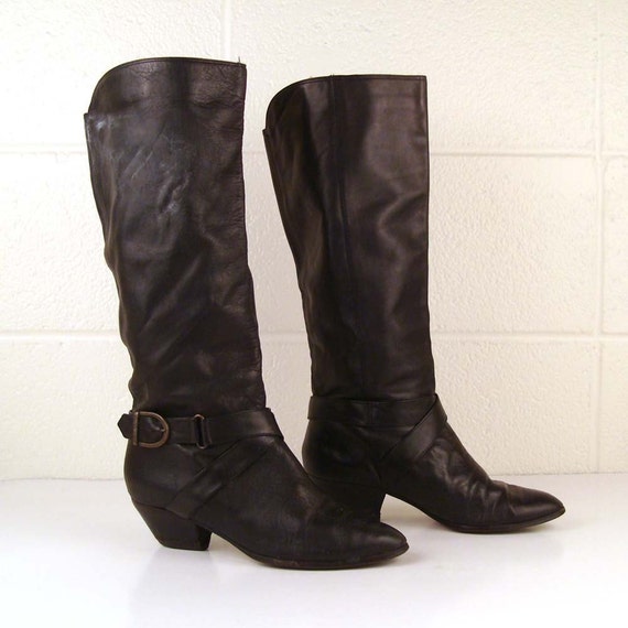 Vintage 1970s Boots 9 West Black Leather High Heel size 6 1/2