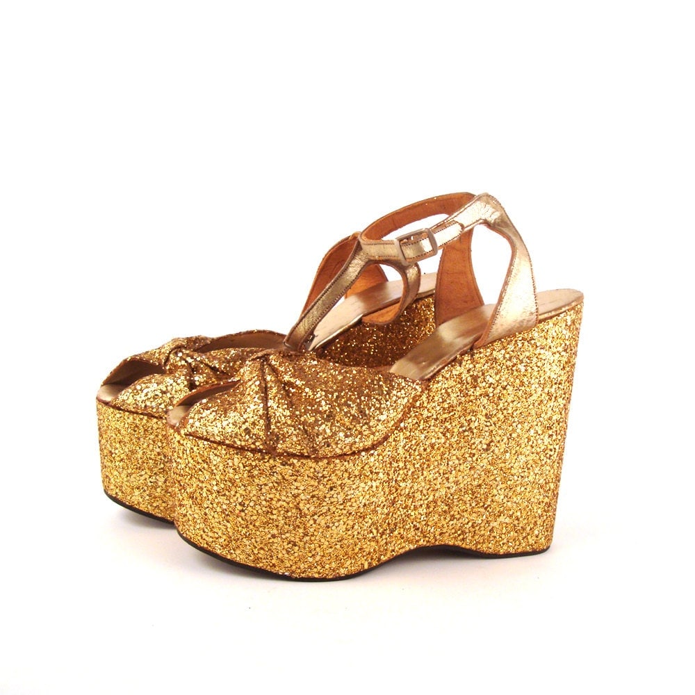 Glitter Platform Shoes Vintage 1970s Sandals Gold Seventies