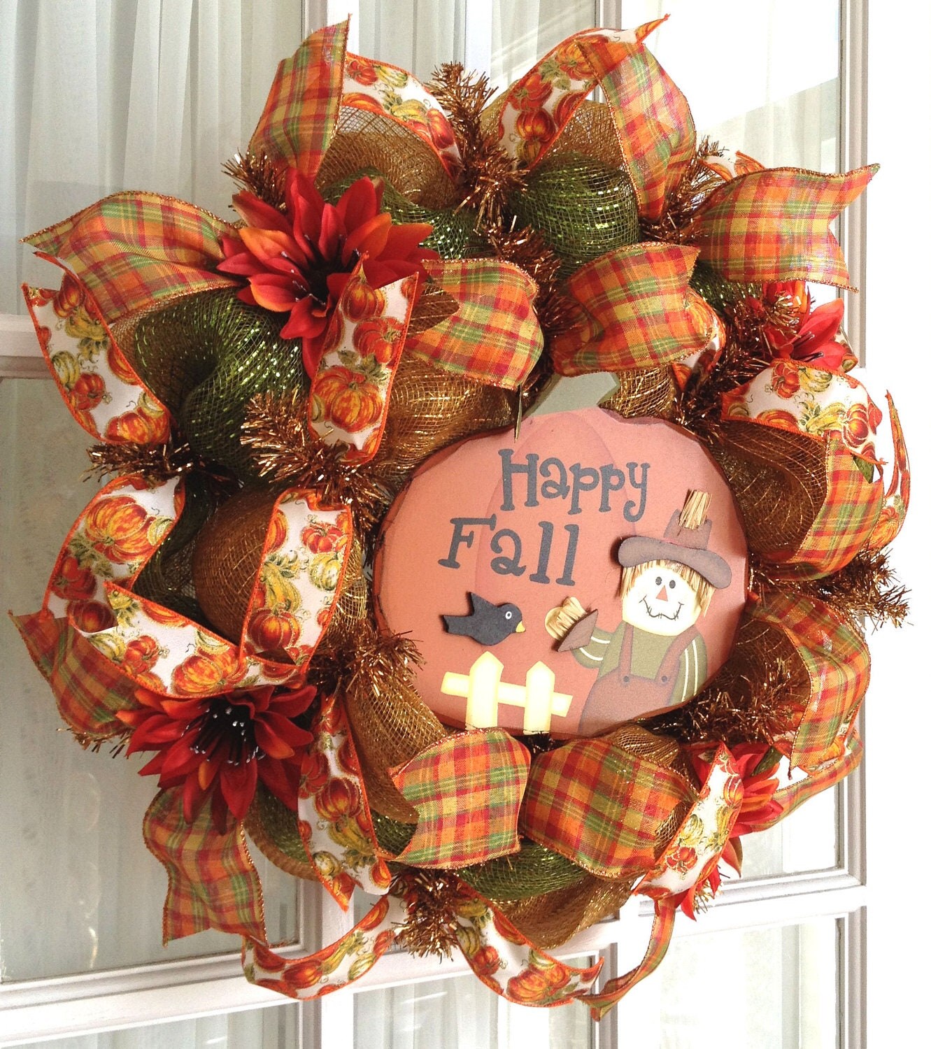 Deco Mesh Wreath FALL Slim Screen Door Gold Moss Green Fall