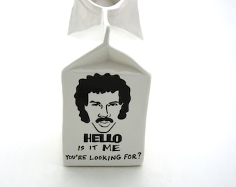 Hello is it Me Lionel Richie ceramic milk carton pitcher SALE