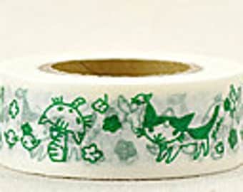 Delfonics Washi Masking Tape - Green Cats & Birds - Wide - Snih