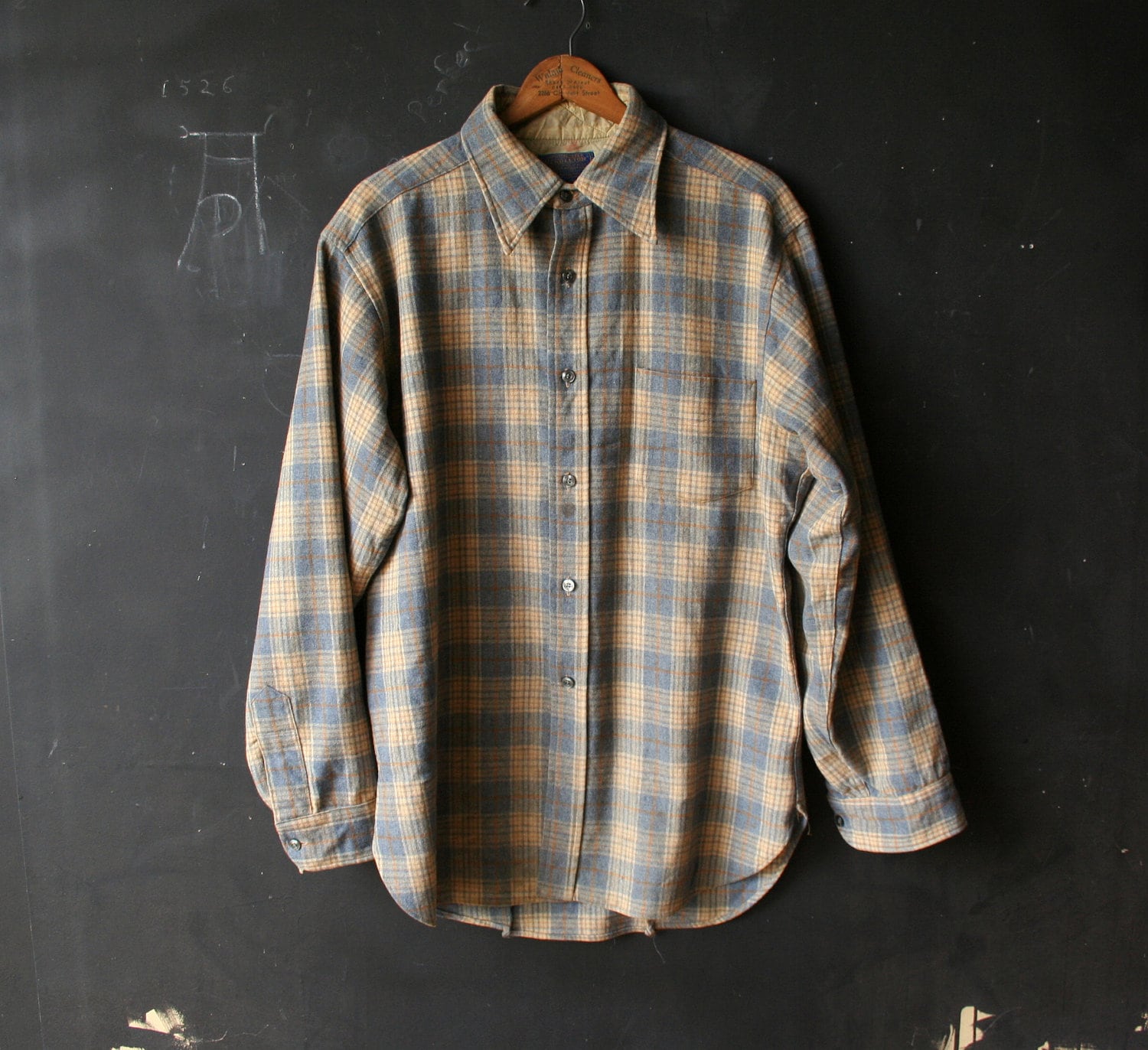 Vintage Pendleton Shirt Wool Gray Tan Plaid 70s From
