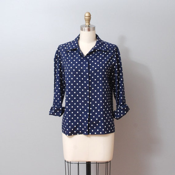 1980s Polka Dot Blouse Navy Blue Nautical by OldFaithfulVintage