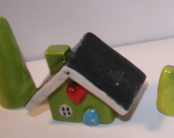 Items similar to Clay House in Blue with Lime Green Trim and a Red Door ...