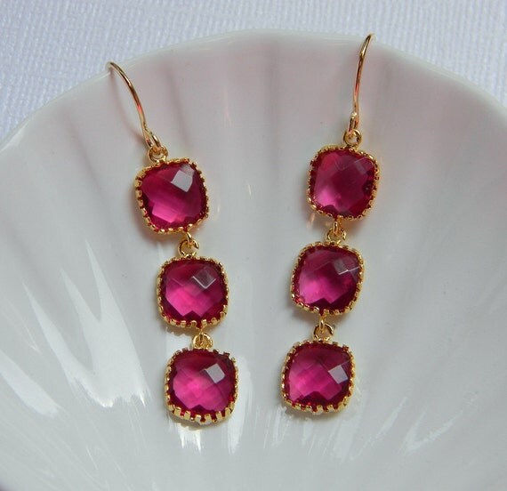 Items similar to Fuchsia Gold Bridal Earrings Tri Color Czech Glass