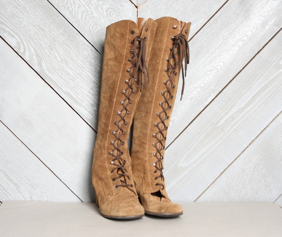 60s Lace-Up TALL BOOTS / Tan Suede Boho by luckyvintageseattle