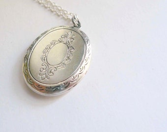 Victorian locket necklace Pretty silver locket Plain silver plate Engraved locket Victorian style locket Large locket Sterling silver chain