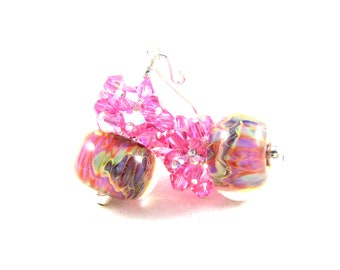 Pink Crystal Cluster Earrings, Drop Earrings, Boro Lampwork Earrings, Pink Purple Earrings, Colorful Glass Earrings, Beaded Earrings - Silly