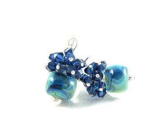 Navy Blue Crystal Earrings, Dark Blue Green Earrings, Boro Lampwork Earrings, Beadwork Earrings, Glass Earrings, Cluster Earrings - St Kitts