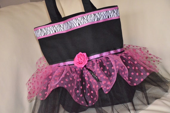 Zebra with Hot Pink Inspired Canvas Dance Tutu tote Bag-Large  -Pink and Black Tutu -Personalizable
