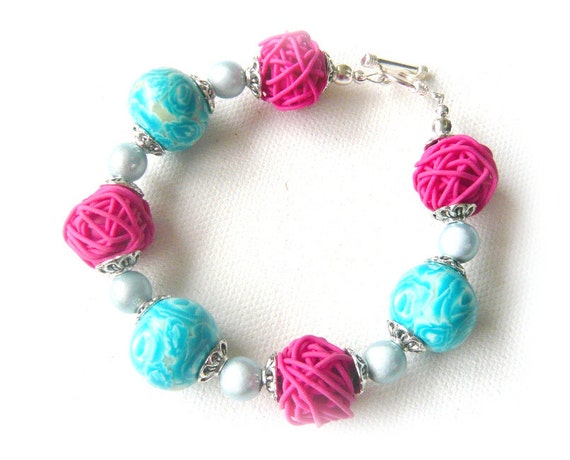 Turquoise & Pink Beaded Bracelet handmade jewellery by Lottie Of London