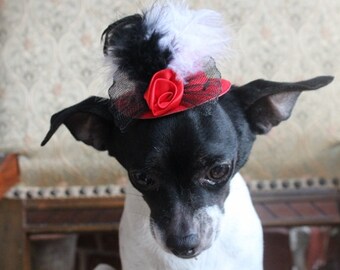 Cute red color mini hat with feather and flowers for dog or cat