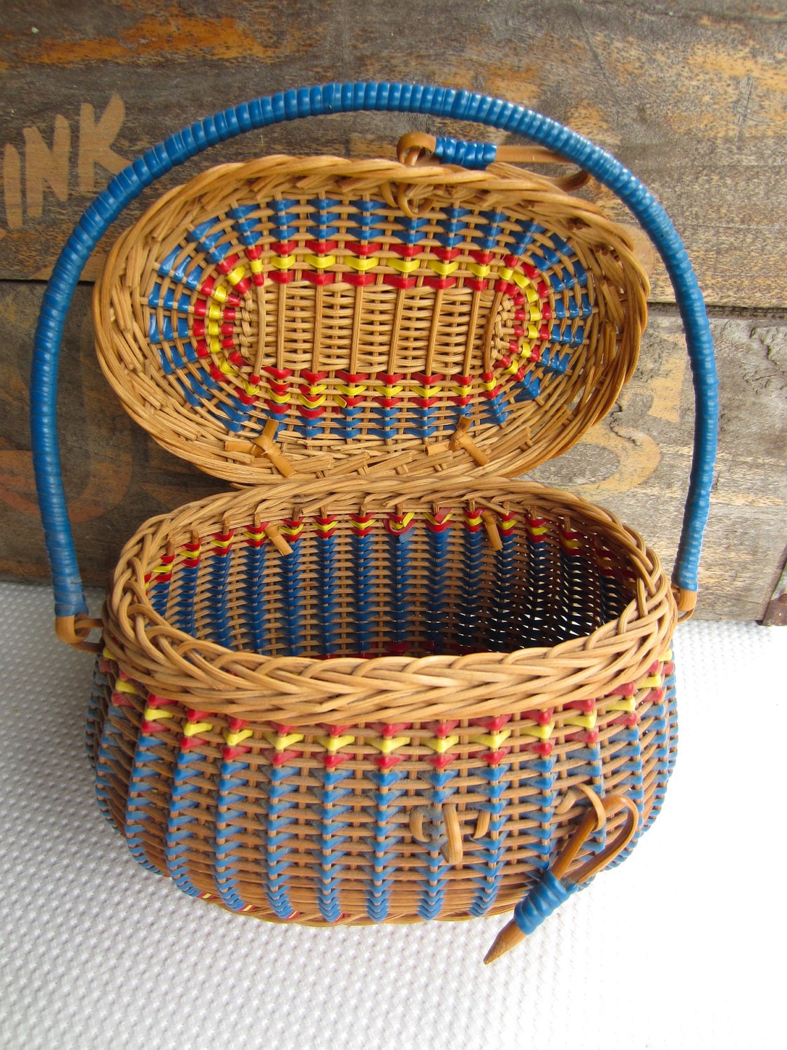 Vintage Wicker Sewing Basket with Blue Handle