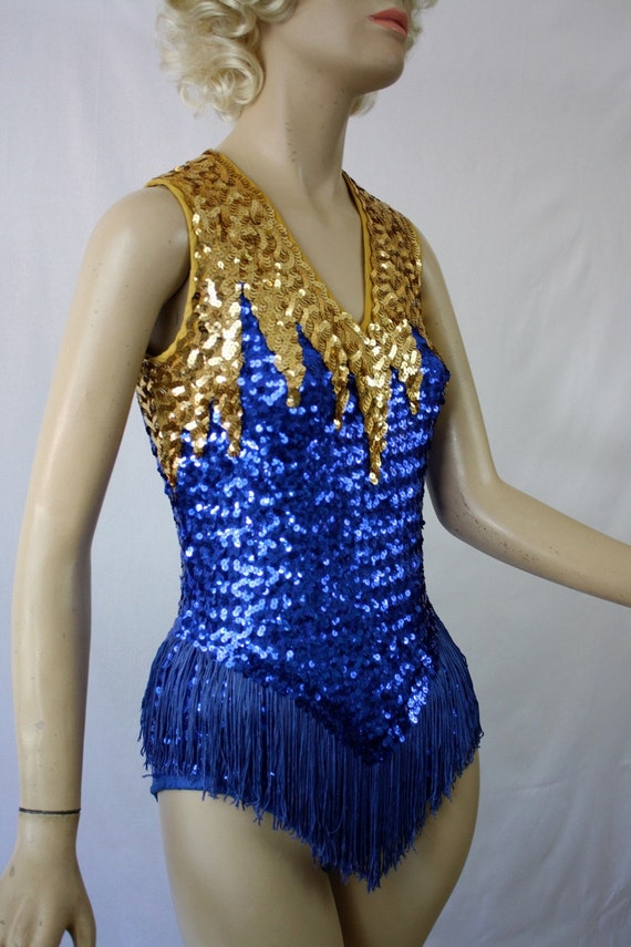 Vintage 70s Majorette Uniform Sexy Blue & Gold Sequin Knit