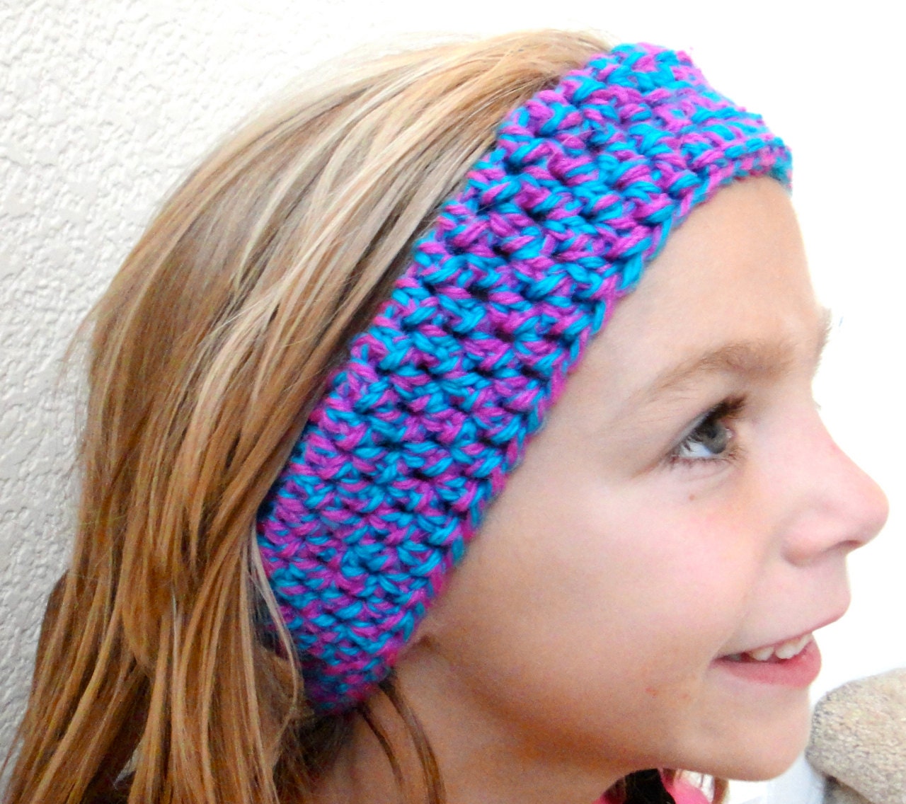 Girls Ear Warmer Headband Crochet Blue Fuchsia