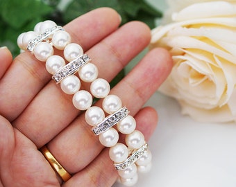 Wedding Jewelry Bridal Bracelet Bridesmaid Bracelet 2 strands of Crystal White Swarovski Pearls with rhinestone Spacers Bracelet