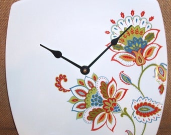 Clock - Wall Clock - Red Blue and Green Whimsical Flowers Porcelain Plate Wall Clock No. 980 (10 inches)