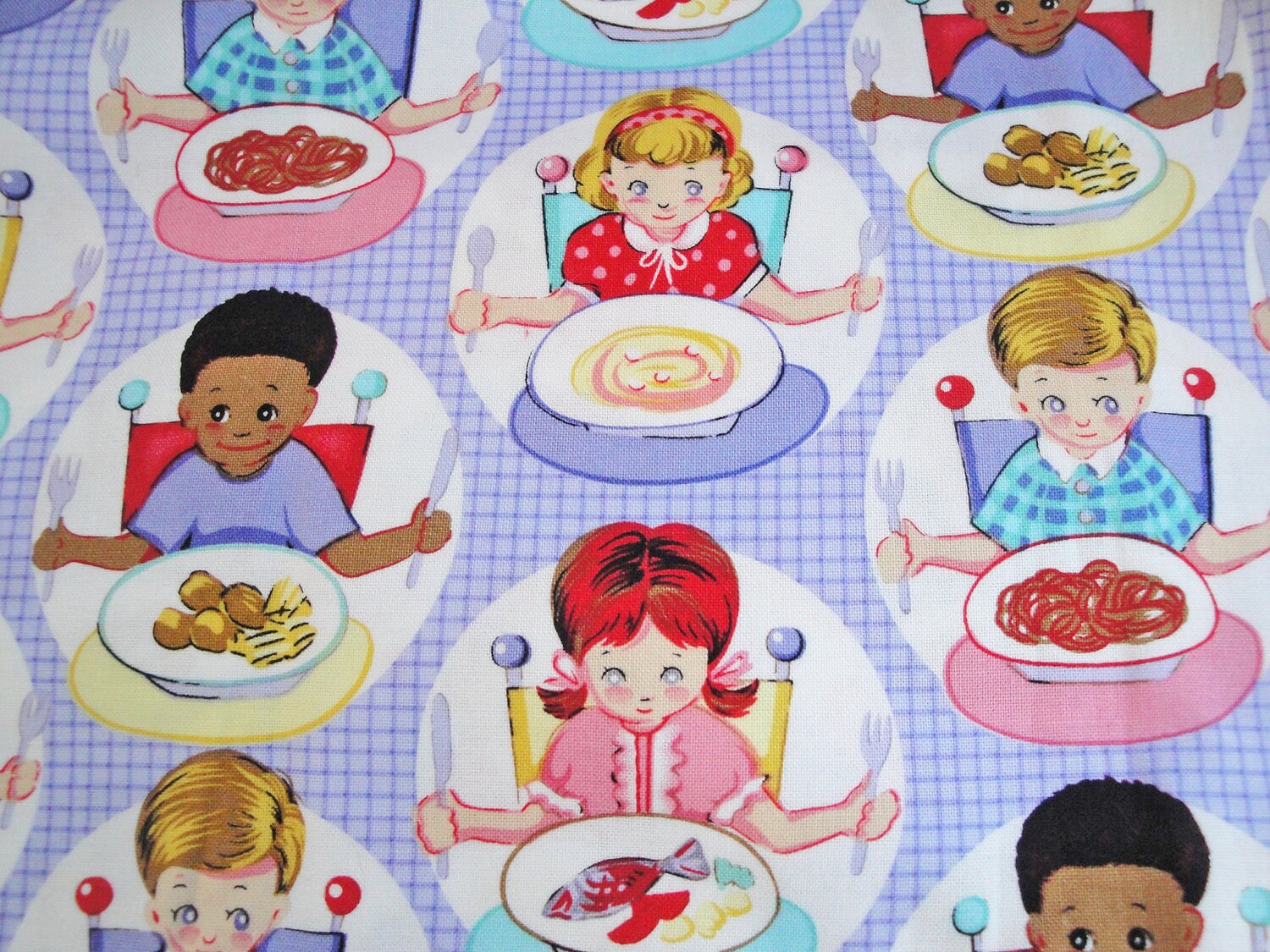 Fabric kids eating retro table manners by SewnInspirations on Etsy